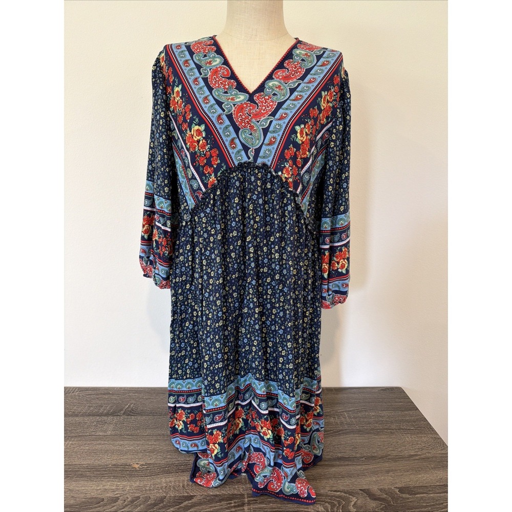 BTFBM Navy Blue Floral Paisley Boho V-Neck Babydoll Mini Dress XL Hippy Rayon